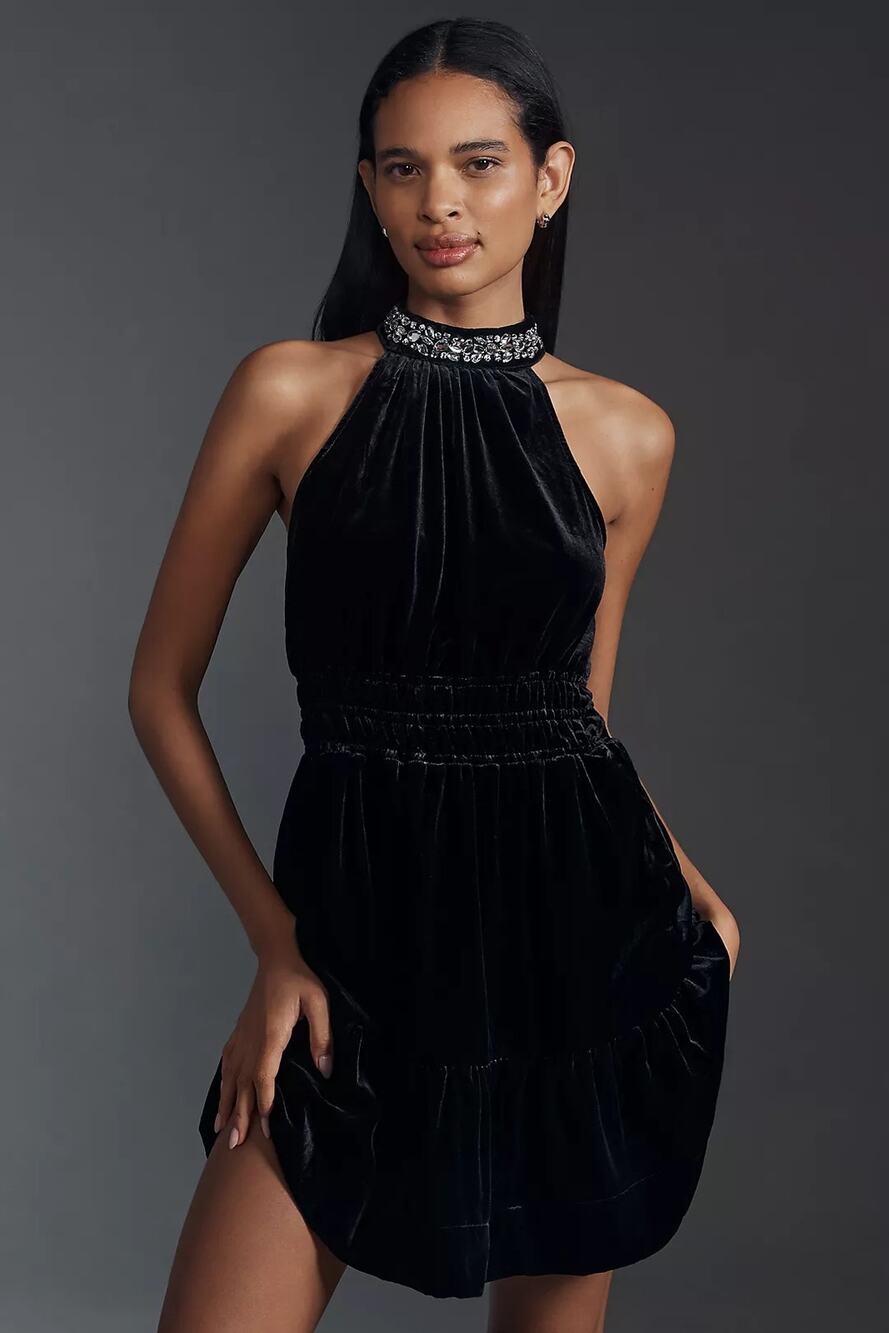 NWT Anthropologie The Somerset Mini Dress Velvet Halter Edition $168 SMALL Black